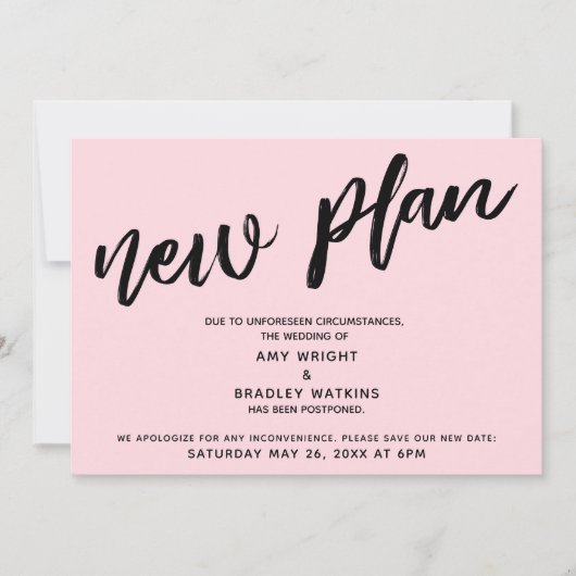 Nouveau plan report de mariage carte rose pastel (Devant)