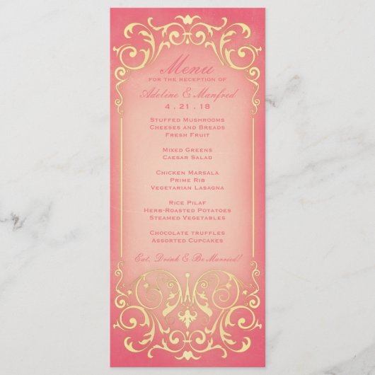 Nouveau Victorian : Raspberry & Gold Menu Mariage (Devant)