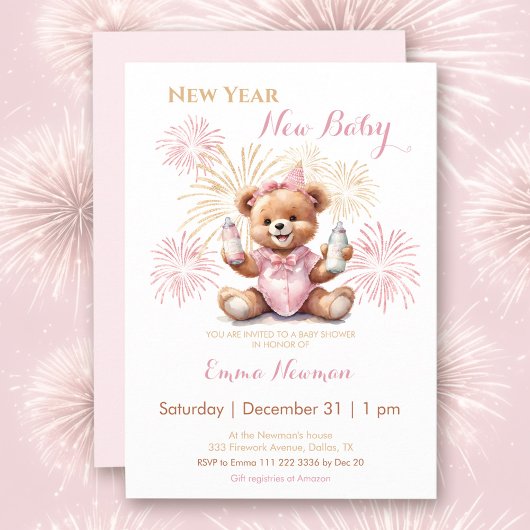 Nouvel an Baby shower fille rose Invitation
