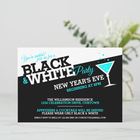 Nouvel An Eve Black and White Party Invitations (Debout devant)