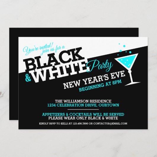 Nouvel An Eve Black and White Party Invitations (Devant / Derrière)