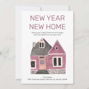 Nouvel An Maison rose Faire-part de déménagement