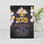 Nouvel An Masquerade Party Black Gold Invitation (Debout devant)
