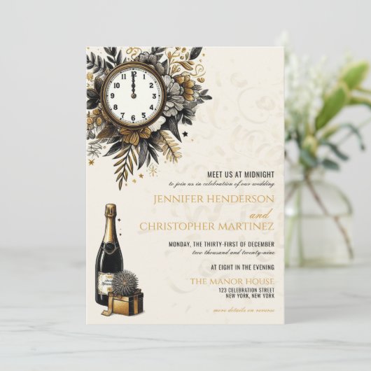 Nouvel An Noir et Or Faire-part de mariage (Debout devant)