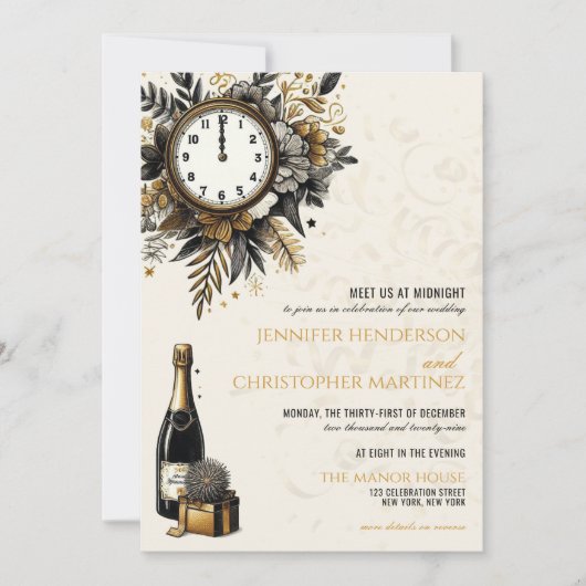 Nouvel An Noir et Or Faire-part de mariage (Devant)