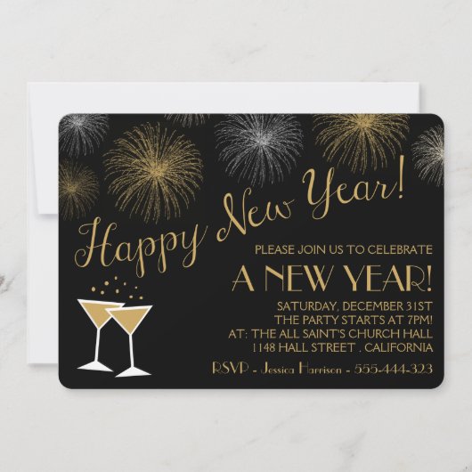 Nouvel An Noir et Or Invitations (Devant)