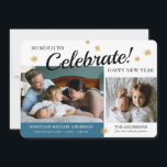 Nouvel An Photo Baby Boy Faire-part de naissance<br><div class="desc">Ce faire-part photo bébé présente un design parfait pour un bébé né près du Nouvel An. Le design offre un texte qui dit : BEAUCOUP À Célébrer! et deux cadres photo pour des photos de bébé et de famille. L'arrière - plan apparaît en blanc et bleu foncé et est accentué...</div>