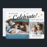 Nouvel An Photo Baby Boy Faire-part de naissance<br><div class="desc">Ce faire-part photo bébé présente un design parfait pour un bébé né près du Nouvel An. Le design offre un texte qui dit : BEAUCOUP À Célébrer! et deux cadres photo pour des photos de bébé et de famille. L'arrière - plan apparaît en blanc et bleu foncé et est accentué...</div>