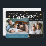 Nouvel An Photo Baby Boy Faire-part de naissance<br><div class="desc">Ce faire-part photo bébé présente un design parfait pour un bébé né près du Nouvel An. Le design offre un texte qui dit : BEAUCOUP À Célébrer! et deux cadres photo pour des photos de bébé et de famille. L'arrière - plan apparaît en noir et bleu foncé et est accentué...</div>