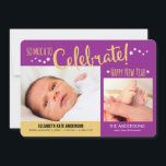 Nouvel An Photo Baby Girl Faire-part<br><div class="desc">Ce faire-part photo bébé présente un design parfait pour un bébé né près du Nouvel An. L'arrière - plan est violet avec des lettres d'or qui dit : TELLEMENT À Célébrer! Deux cadres photo personnalisables vous permettent d'ajouter plusieurs photos du nouveau paquet de joie. Le texte personnalisable permet le nom...</div>