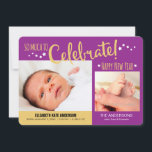 Nouvel An Photo Baby Girl Faire-part<br><div class="desc">Ce faire-part photo bébé présente un design parfait pour un bébé né près du Nouvel An. L'arrière - plan est violet avec des lettres d'or qui dit : TELLEMENT À Célébrer! Deux cadres photo personnalisables vous permettent d'ajouter plusieurs photos du nouveau paquet de joie. Le texte personnalisable permet le nom...</div>