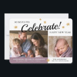 Nouvel An Photo Baby Girl Faire-part de naissance<br><div class="desc">Ce faire-part photo bébé présente un design parfait pour une petite fille née près du Nouvel An. Le design offre un texte qui dit "BEAUCOUP À Célébrer!" et deux cadres photo pour les photos de votre nouvelle petite fille et de votre famille. L'arrière - plan apparaît en blanc et violet...</div>