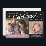 Nouvel An Photo Baby Girl Faire-part de naissance<br><div class="desc">Ce faire-part photo bébé présente un design parfait pour une petite fille née près du Nouvel An. Le design offre un texte qui dit "BEAUCOUP À Célébrer!" et deux cadres photo pour les photos de votre nouvelle petite fille et de votre famille. L'arrière - plan apparaît en noir et violet...</div>