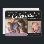 Nouvel An Photo Baby Girl Faire-part de naissance<br><div class="desc">Ce faire-part photo bébé présente un design parfait pour une petite fille née près du Nouvel An. Le design offre un texte qui dit "BEAUCOUP À Célébrer!" et deux cadres photo pour les photos de votre nouvelle petite fille et de votre famille. L'arrière - plan apparaît en noir et violet...</div>