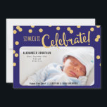 Nouvel An Salutation Baby Boy Faire-part de naissa<br><div class="desc">Cette carte de voeux plat offre et faire-part de naissance et un accueil de Nouvel An. Le haut de la carte dit tout : tellement à célébrer! L'arrière - plan est bleu foncé et agrémenté de confettis dorés. Un cadre photo horizontal vous permet d'ajouter une photo de votre nouveau paquet...</div>