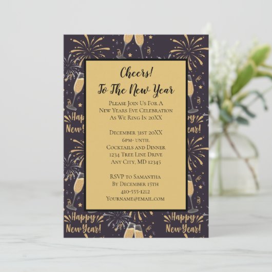 Nouvel An Soirée Invitation Champagne Feu d'artifi (Debout devant)