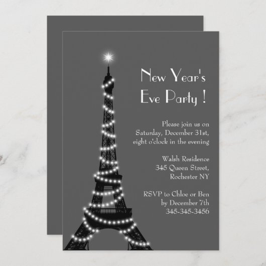 Nouvel An Tour Eiffel gris invitation (Devant / Derrière)