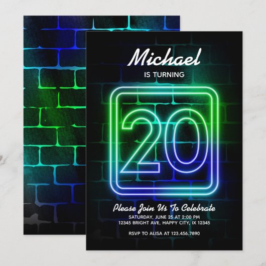 Nouvel anniversaire de Neon invitation pour Boy 20 (Devant / Derrière)