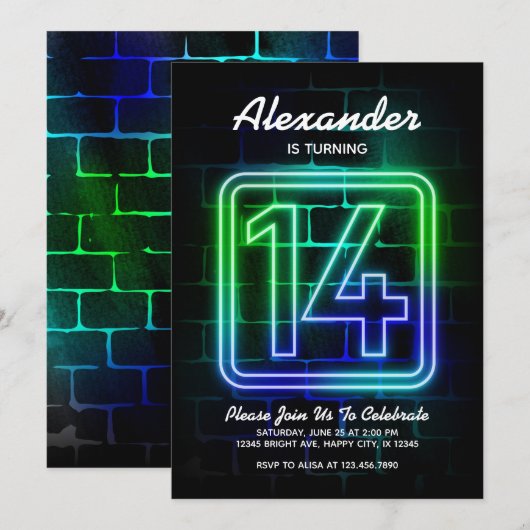 Nouvel anniversaire de Neon invitation pour le gar (Devant / Derrière)