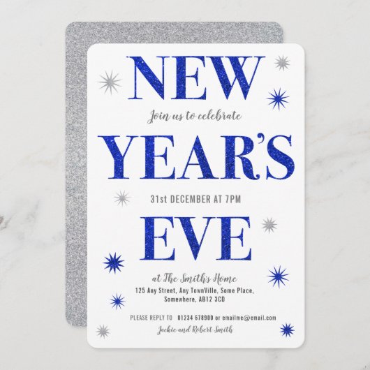 Nouvel an's Eve Blue & Silver invitation (Devant / Derrière)