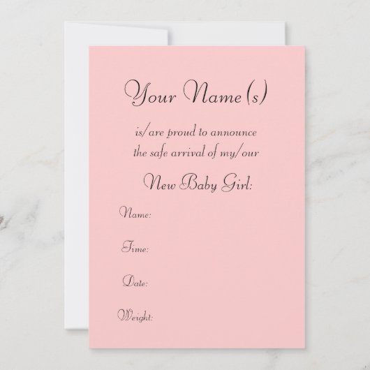 Nouvelle carte Faire-part bébé fille (Dos)