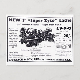 Nouvelle carte postale Super Zyto Lathe Avert 1930
