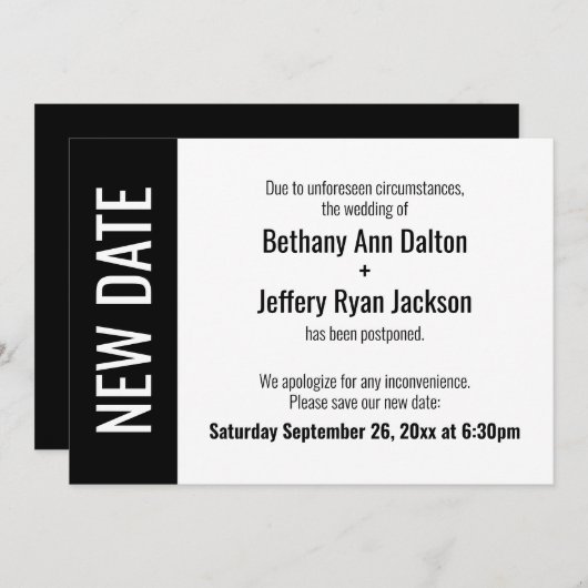Nouvelle date en gras, Faire-part Mariage reporté (Devant / Derrière)