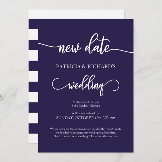 Nouvelle date Reportée Mariage Faire-part bleu mar (Devant / Derrière)