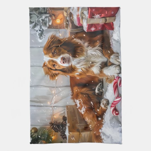 Nova Scotia Eend Toller Hond Kerstfeest Theedoek (Verticaal)