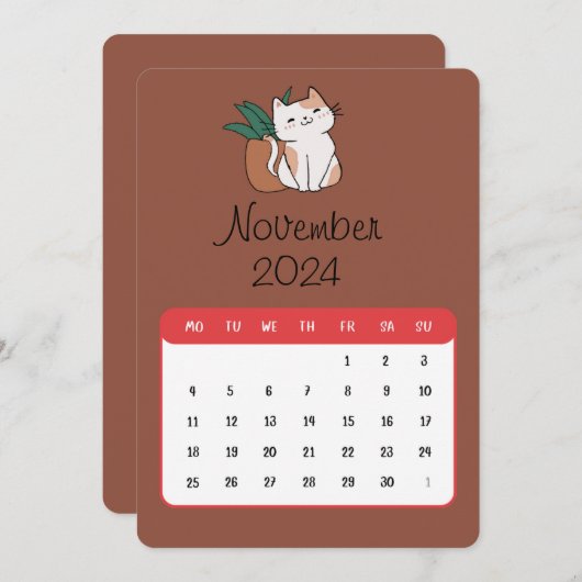 November 2024 Stand Alone Kat en Plant Kalender Menu (Voorkant / Achterkant)