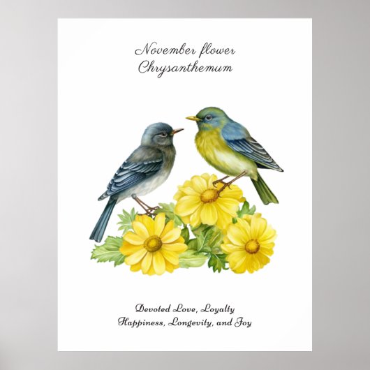 November Geboortemaand Bloem Chrysant Vogels Poster (Voorkant)