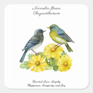 November Geboortemaand Bloem Chrysant Vogels Vierkante Sticker
