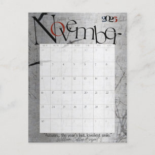 November Grijs Moderne Maandkalender 2025 Briefkaart