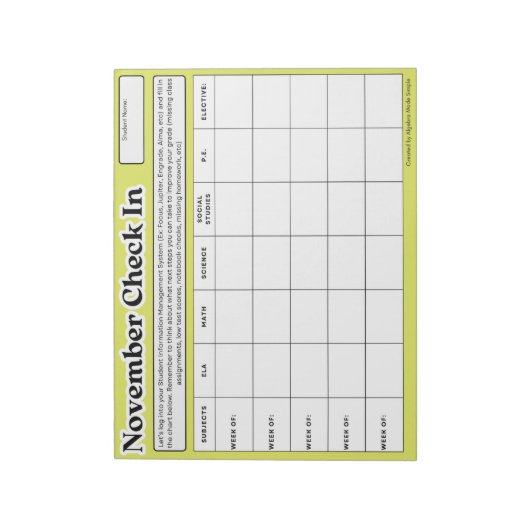 November Student Check in de wekelijkse Grade Prog Notitieblok (Gedraaid)