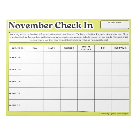 November Student Check in de wekelijkse Grade Prog Notitieblok (Voorkant)