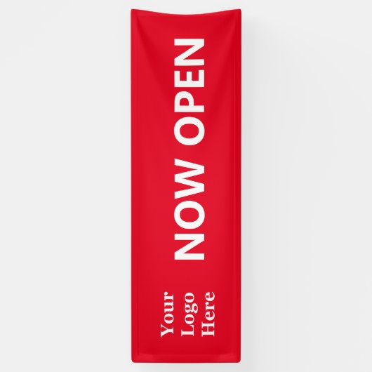 NOW OPEN Bright Red White Business with Logo Spandoek (Verticaal)