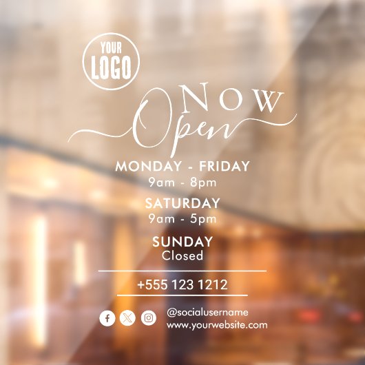Nu geopend | Openingstijden Bedrijfslogo wit Raamsticker (Vel 2)