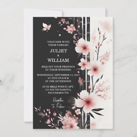 Nu hout bamboe roze Sakura kersenbloesem bruiloft Kaart (Voorkant)