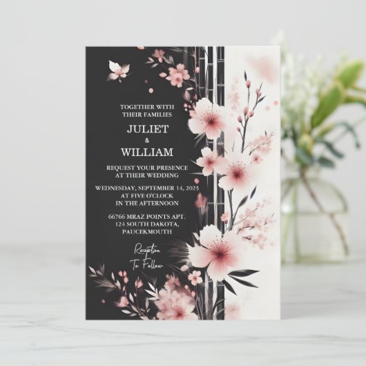 Nu hout bamboe roze Sakura kersenbloesem bruiloft Kaart (Staand voorkant)