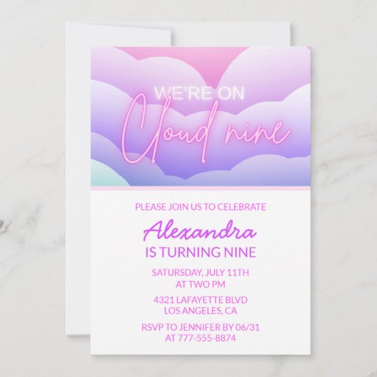 Nuage 9 Anniversaire Thème Invitations Arc-en-ciel (Devant)