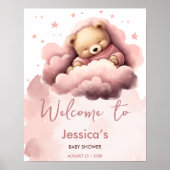 Nuage rose joli ours baby shower affiche de bienve (Devant)