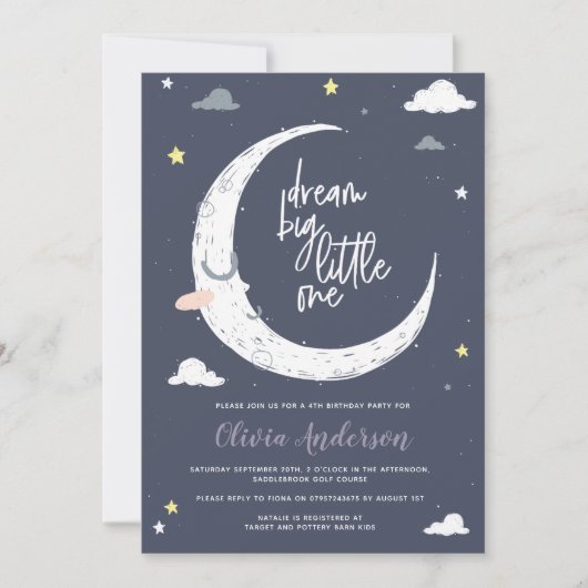 Nuages, lune et étoile invitation fête d'anniversa (Devant)