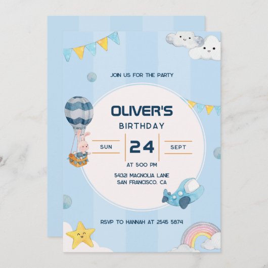 Nuages souriants Arc-en-ciel Invitation d'annivers (Devant / Derrière)