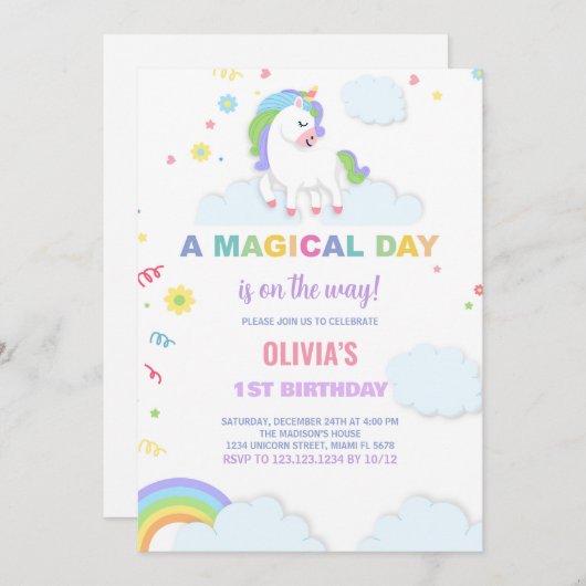 Nuages Unicorn Invitations d'anniversaire (Devant / Derrière)