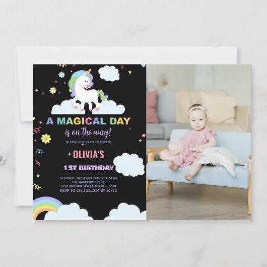 Nuages Unicorn Invitations d'anniversaire avec pho (Devant)