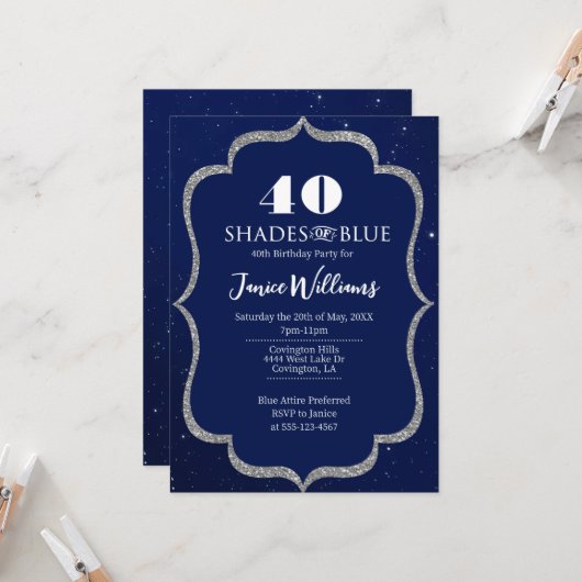 Nuances de bleu Invitation d'anniversaire (Devant/Arrière en situation)