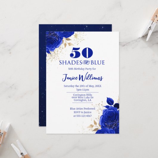 Nuances de bleu Invitation d'anniversaire (Devant/Arrière en situation)