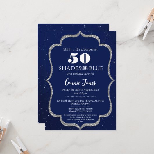 Nuances de bleu Invitation d'anniversaire (Devant/Arrière en situation)