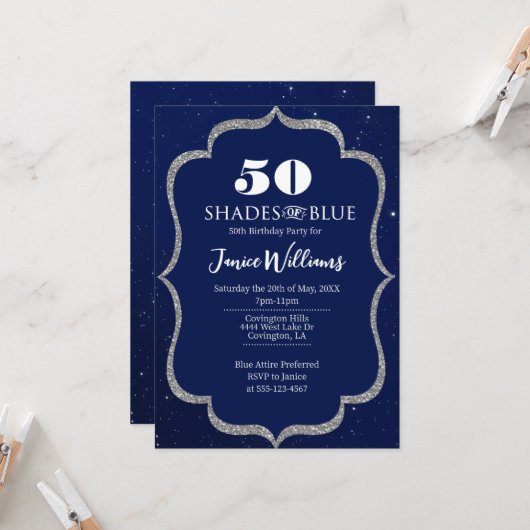 Nuances de bleu Invitation d'anniversaire (Devant/Arrière en situation)