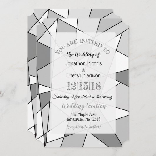 Nuances de gris invitations géométriques de mariag (Devant / Derrière)